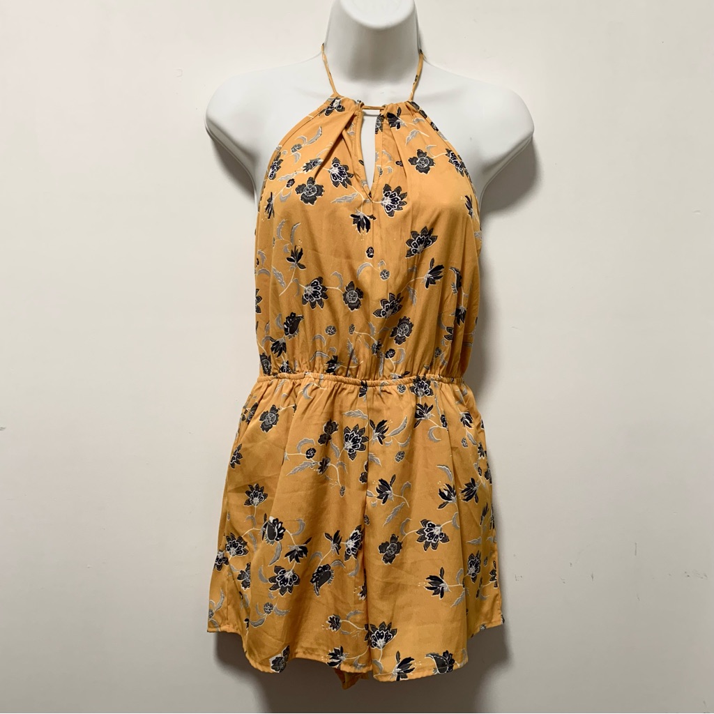 Japna Floral Halter Neck Romper Size M In Mustard Color